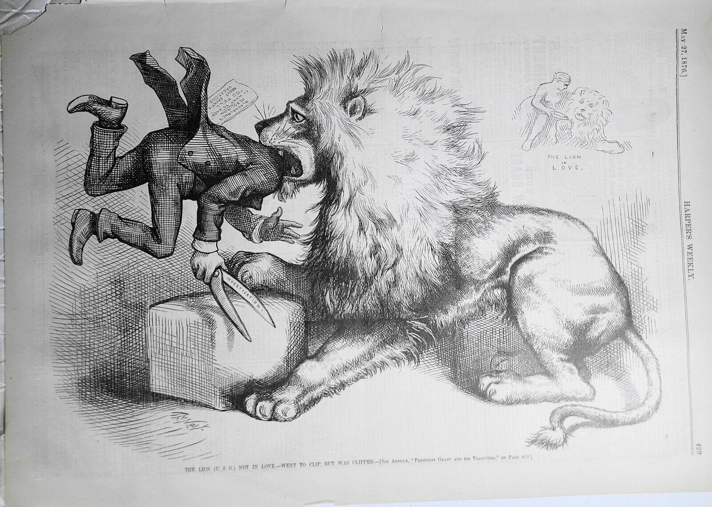 The Lion (U.S.G.) Not in Love, Went to Clip but was Clipped. By Thomas Nast 1876