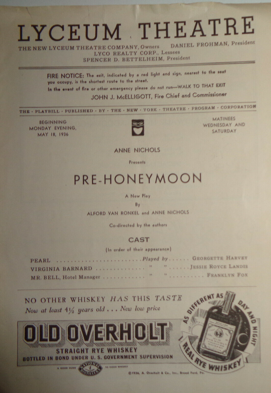 PRE-HONEYMOON - THE PLAYBILL -  MAY 18, 1936
