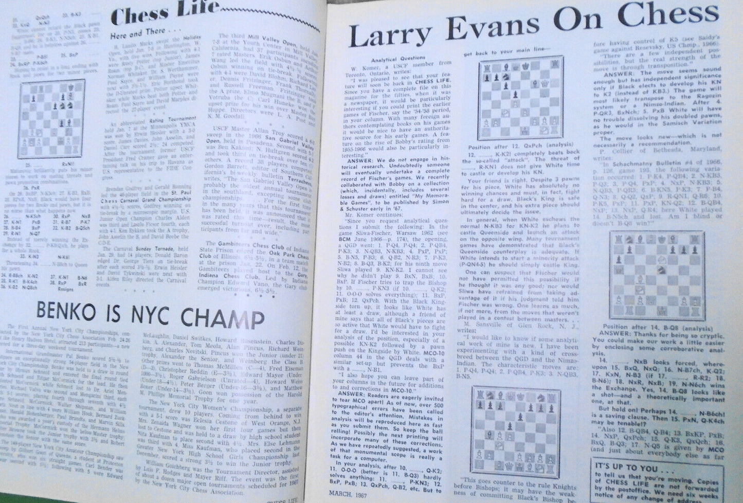 Chess Life, March 1967 - Petrosian on Piatigorsky Cup, Bobby Fischer, etc..