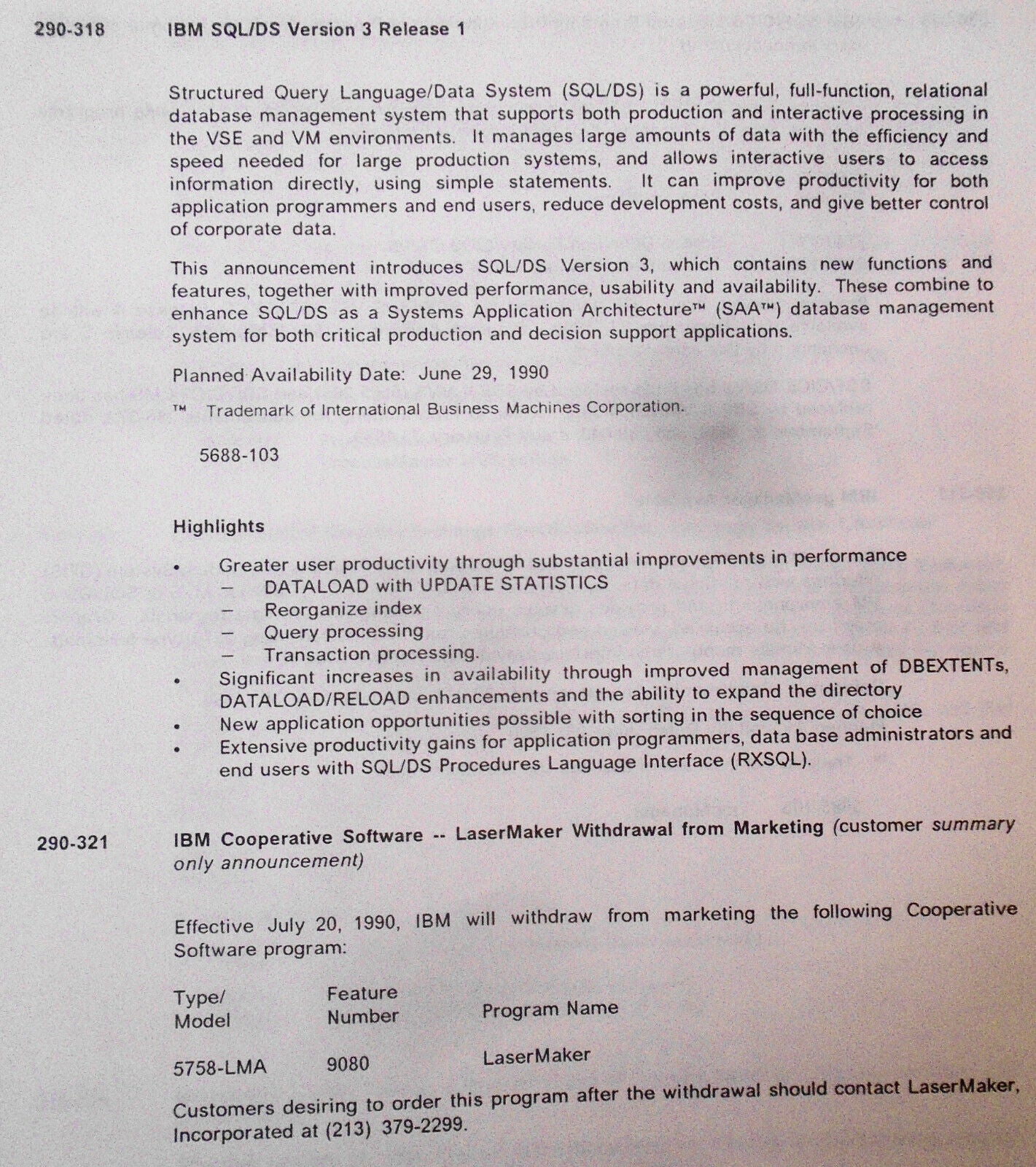 IBM Announcement Letter Summary, June 19, 1990 : System/370; AIX; Token-ring etc