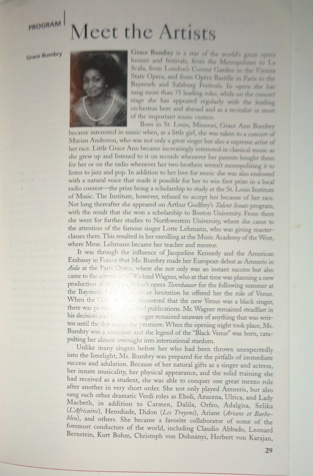 GRACE BUMBRY - LINCOLN CENTER STAGEBILL - FEB 21, 2002 Hommage to Lotte Lehmann