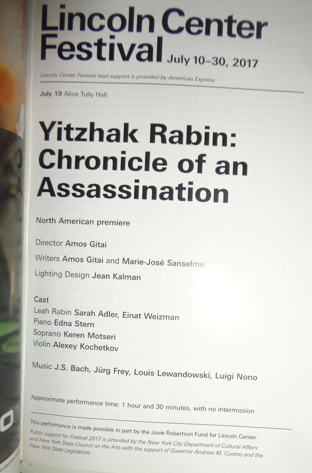 Yitzhak Rabin - Chronicle of an Assassination - North American Premiere Playbill