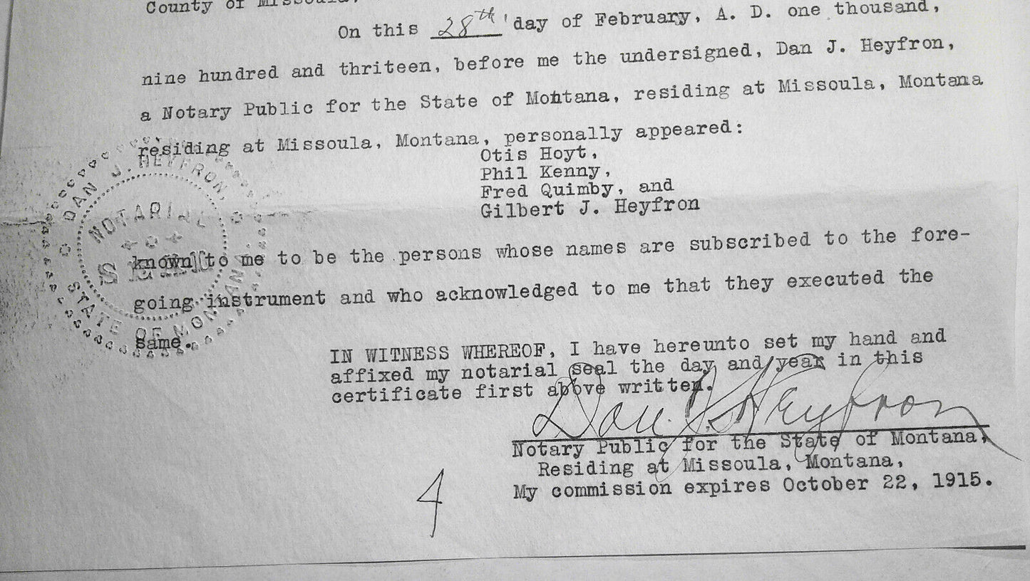 1913 "Missoula Amusement Company" Articles of Incorporation. Original documents.