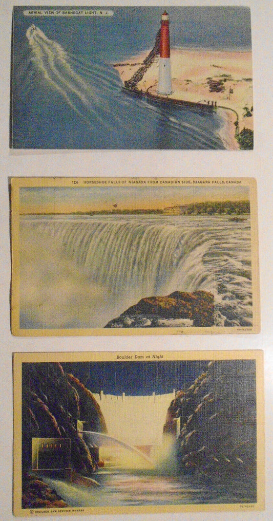 Boulder Dam, Barnegat Light, Horsehoe Falls 1940s -3 Antique Linen Postcards lot