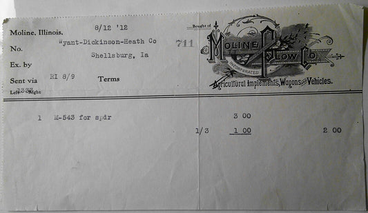 1912 Moline Plow Company invoice