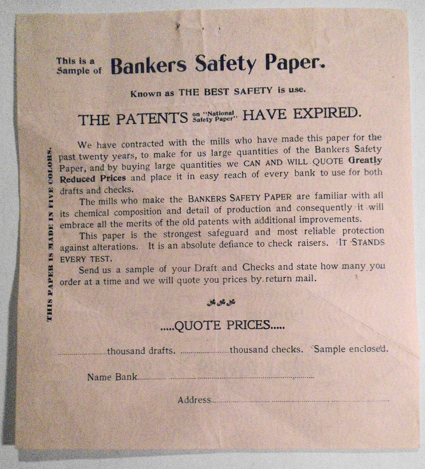 Bankers Safety Paper, Sample - Levey Brothers & Co., Indianapolis. ca 1900