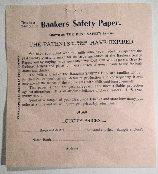Bankers Safety Paper, Sample - Levey Brothers & Co., Indianapolis. ca 1900