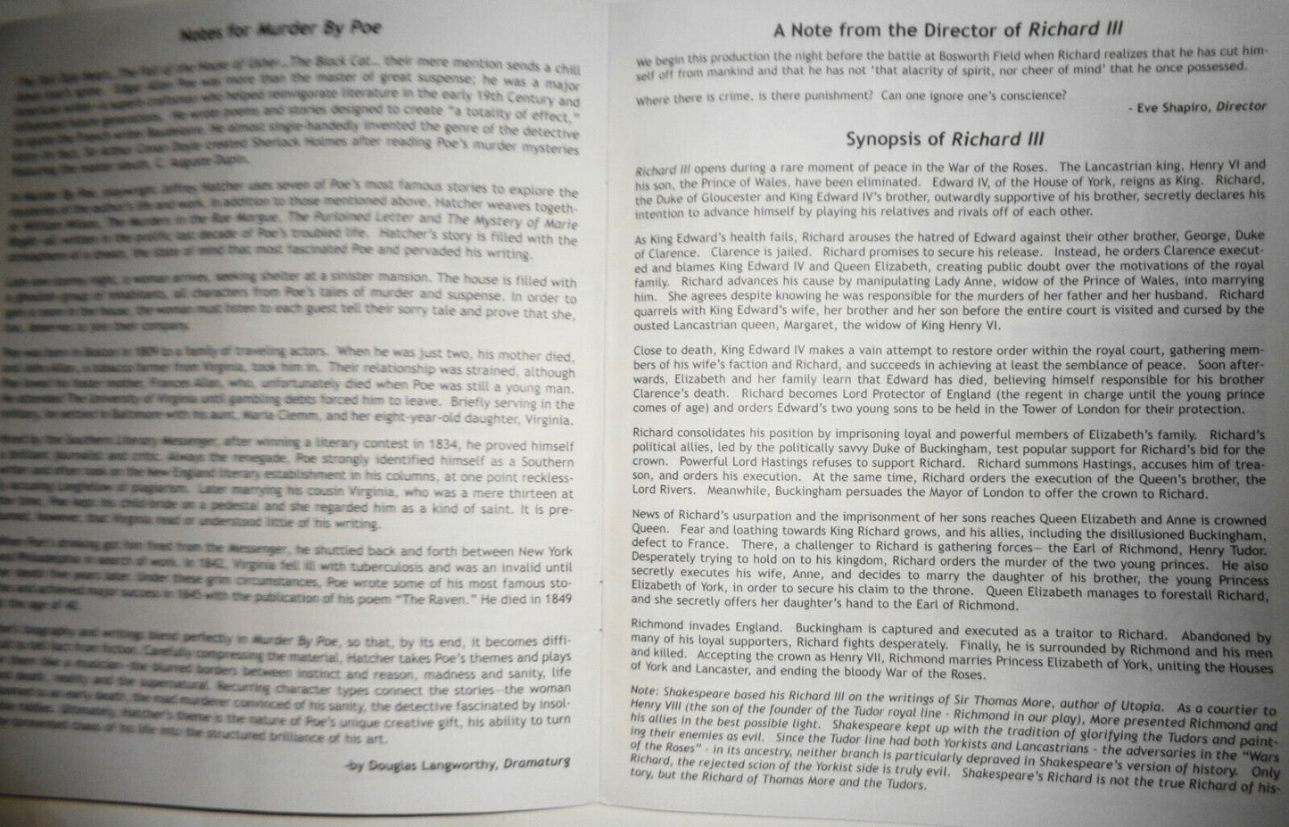 MURDER BY POE / RICHARD III - SOUVENIR PROGRAM - THE ACORN THEATRE, NYC  2004