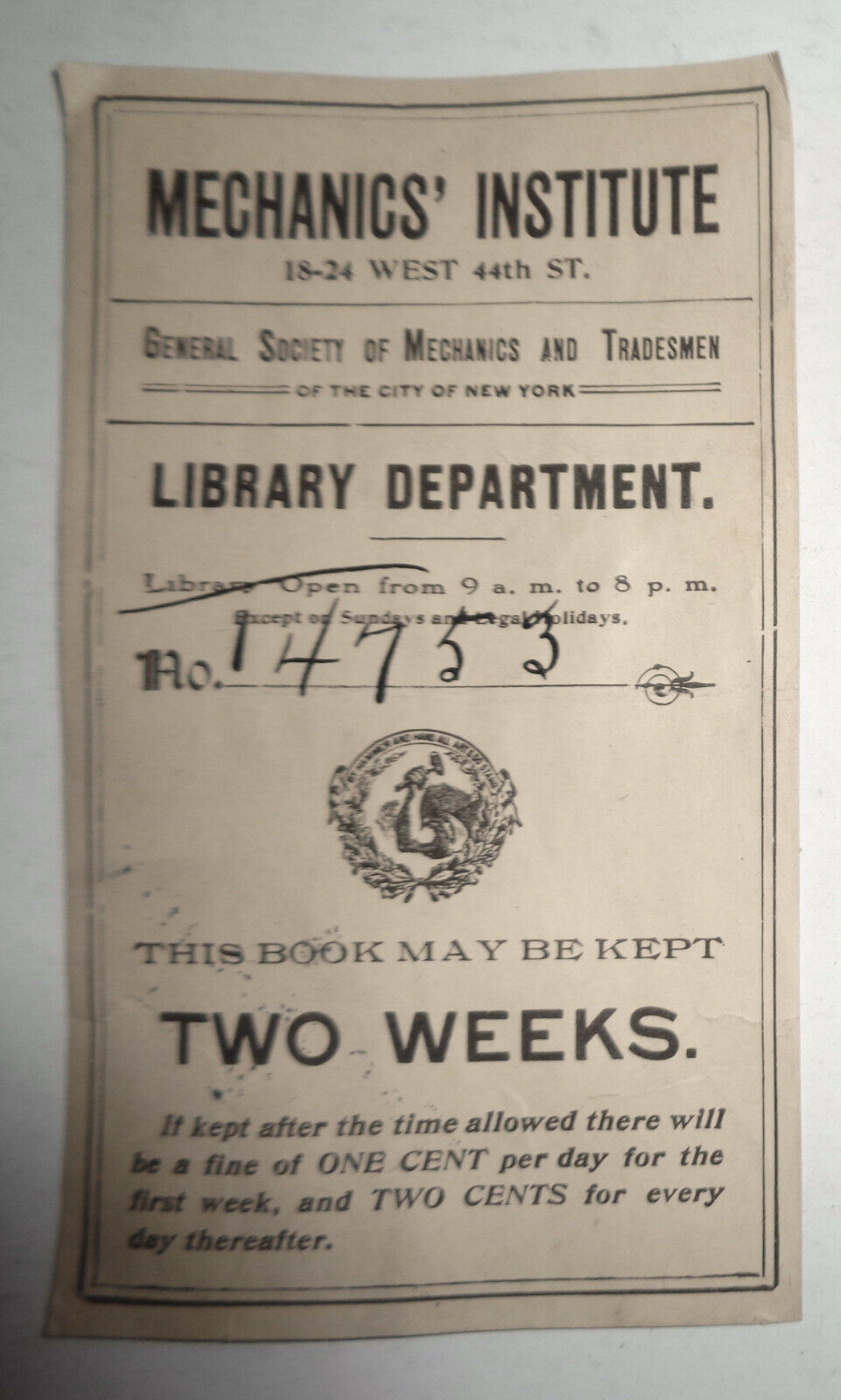 Mechanics' Institute Ex Libris Bookplate - 19ih century, New York - Library Dept