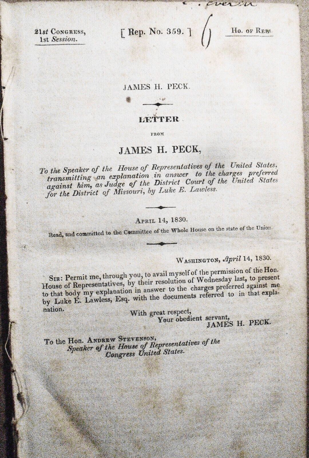 1830 Letter from James H. Peck... explanation in answer to charges [Impeachment]