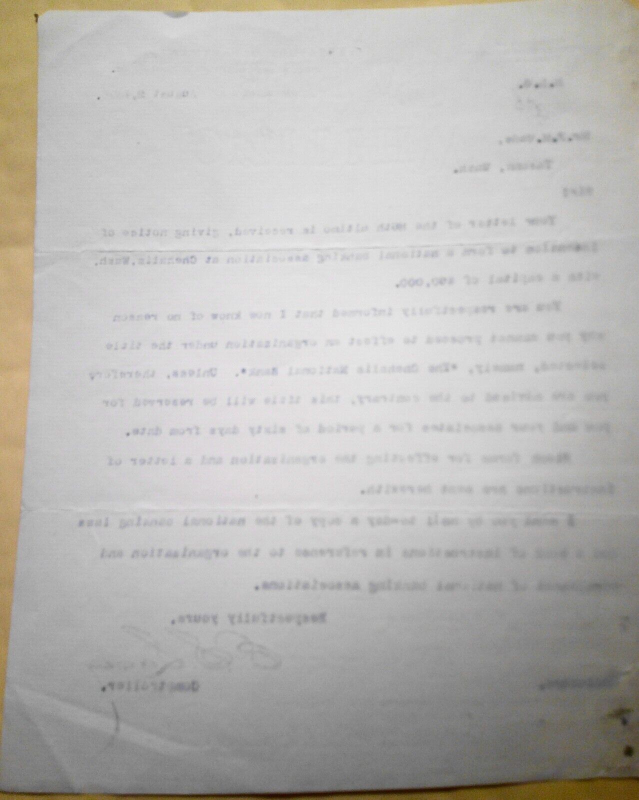 1890 Treasury Dept Comptroller of Currency authorizing Chehalis Bank formation