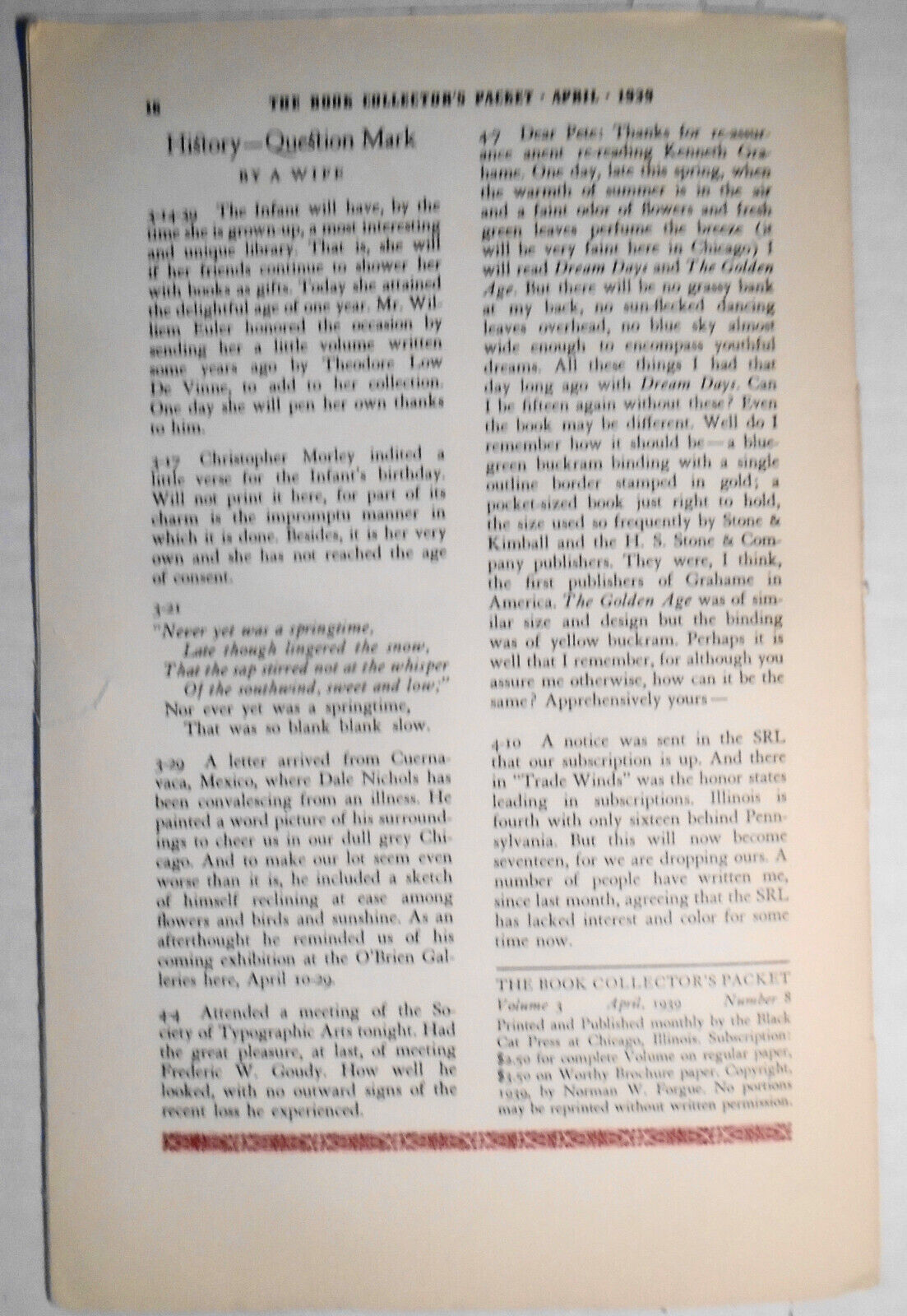 Book Collector's Packet, April 1939 - Chapman Whitcomb... peddler of Chapbooks