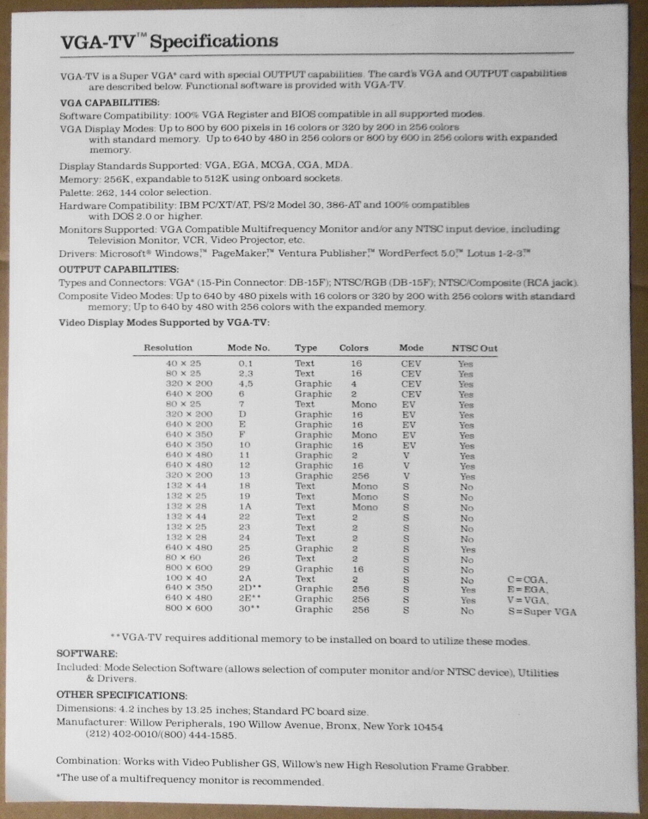 Announcing VGA-TV by Willow Peripherals, 1988. Promo flyer. First such VGA card.