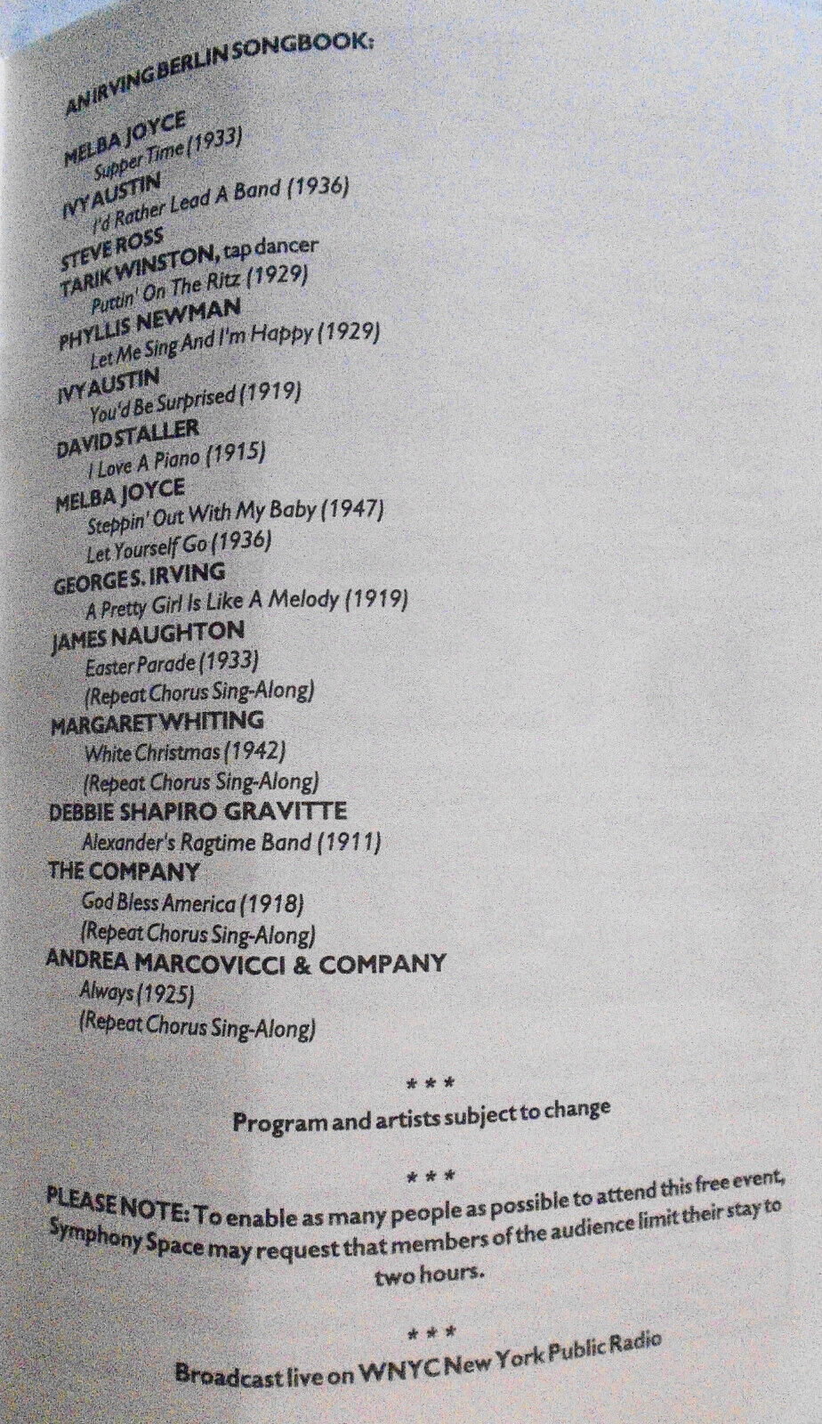 WALL TO WALL IRVING BERLIN - Program - March 19, 1994 - Symphony Space, NYC