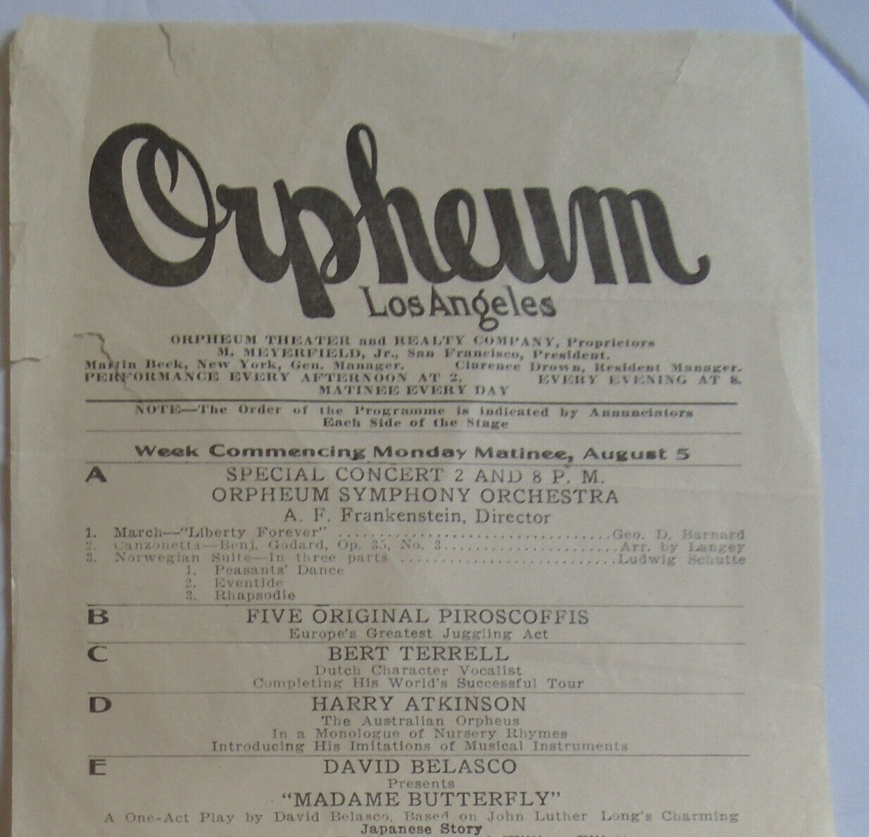 1913 Madame Butterfly - David Belasco Orpheum Theater Los Angeles Clara Blandick