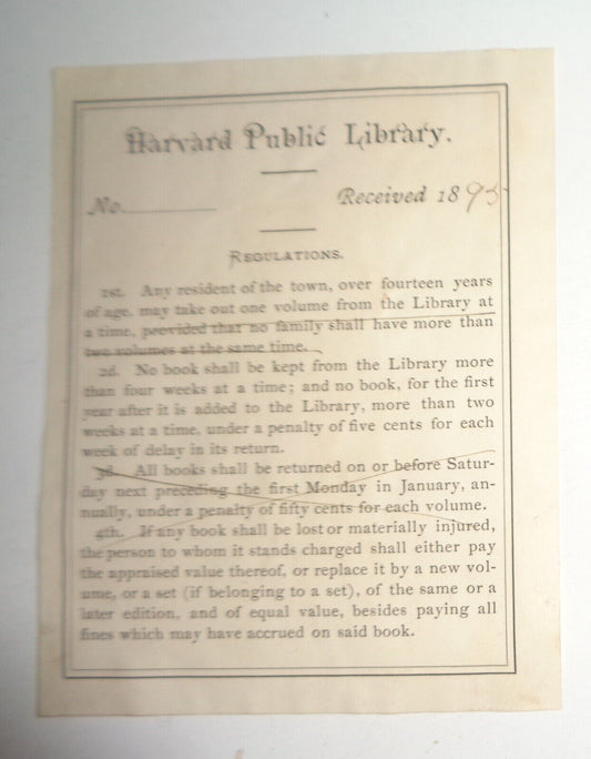 Harvard Public Library Regulations Ex Libris Bookplate 1895
