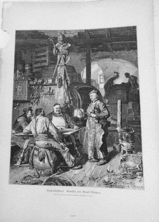 Klosterschasslerei, von Eduard Grutzner - 1886 - Original antique print. 16"x11"
