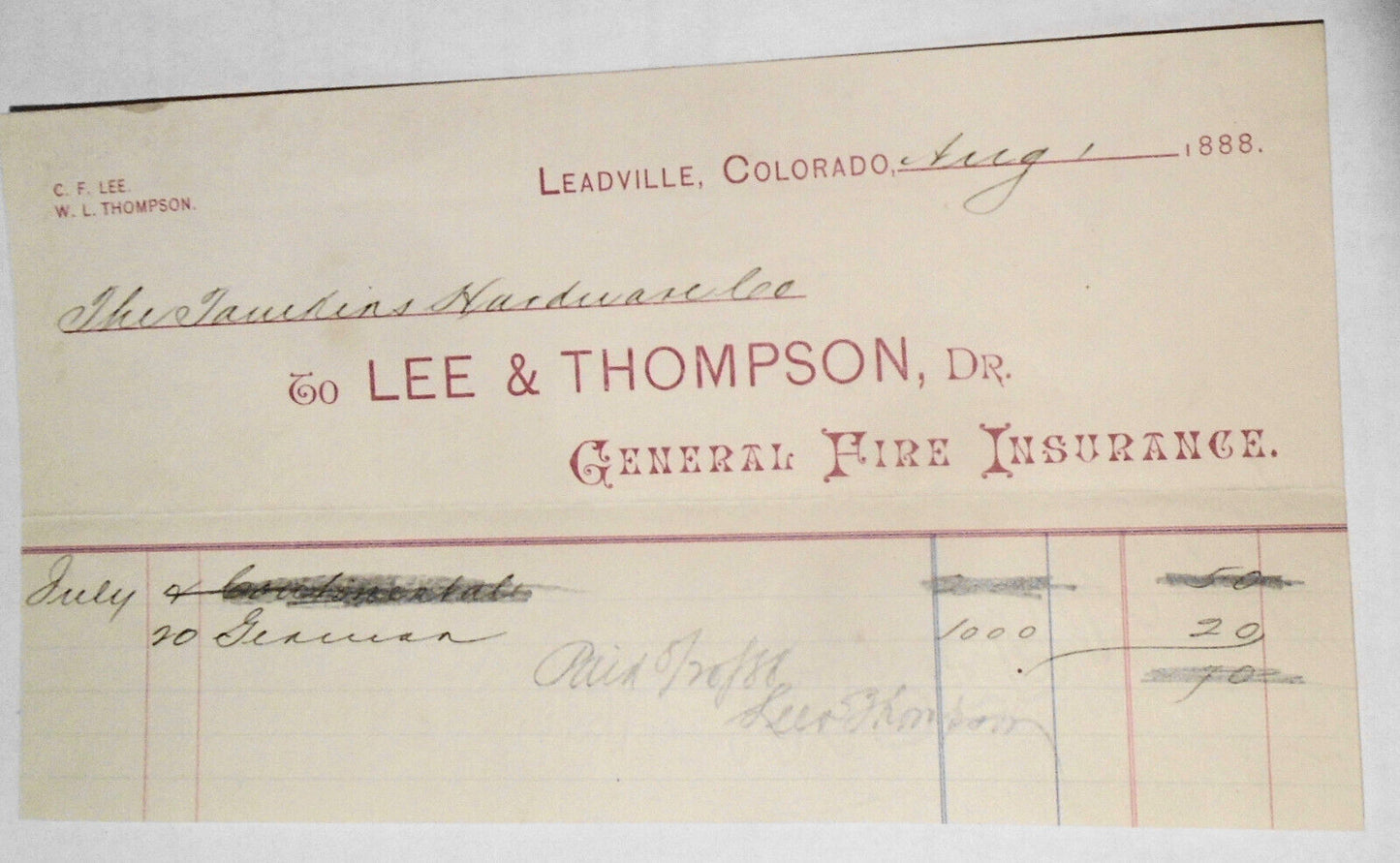 1888 Billhead receipt,  Lee & Thompson, Dr - Fire Insurance;  Leadville Colorado