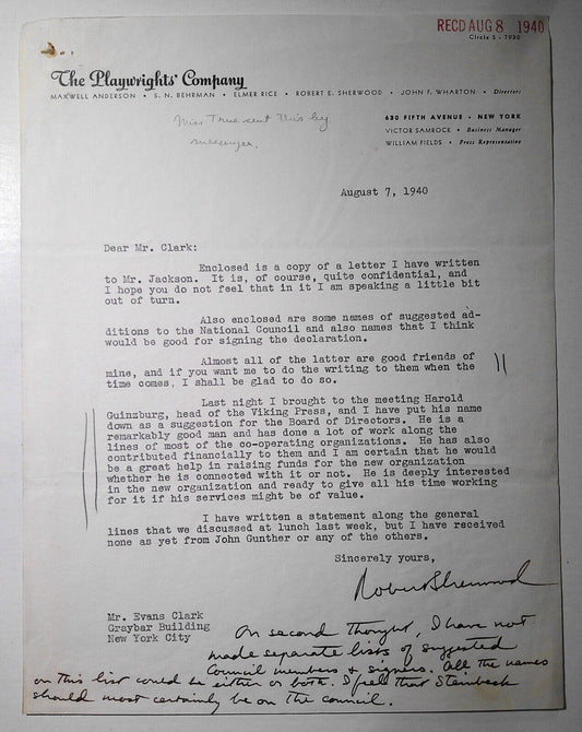 Robert E. Sherwood - SIGNED Letter 1940 - Mentions Steinbeck, John Gunther et al