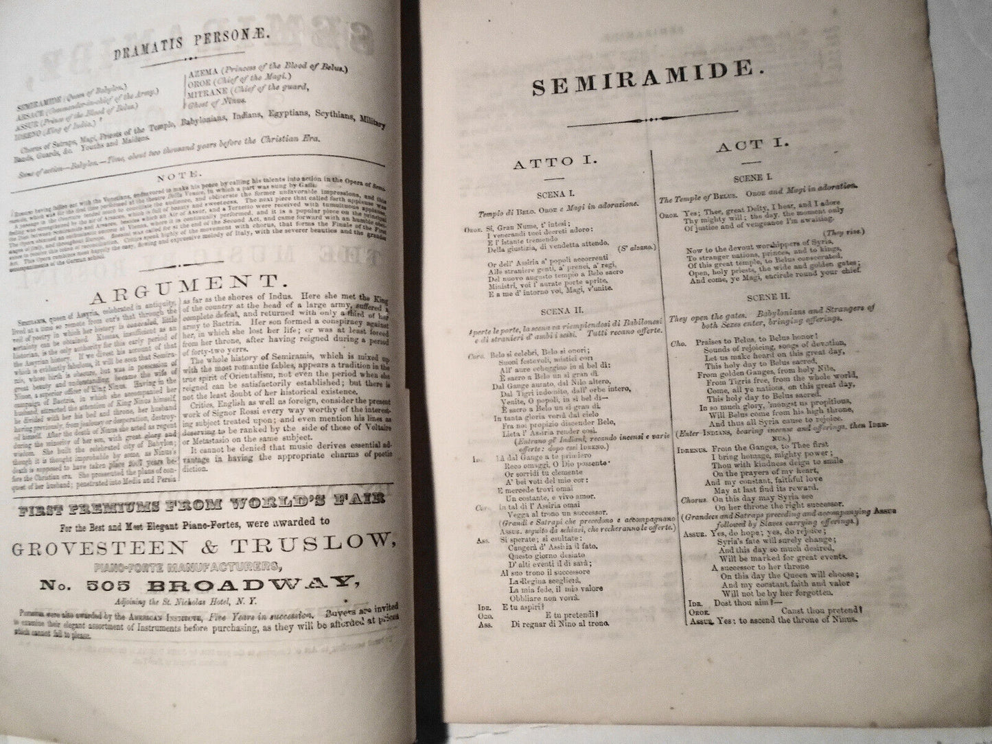 Semiramide : a grand opera in two acts. 1854. Libretto And Parlor Pianist