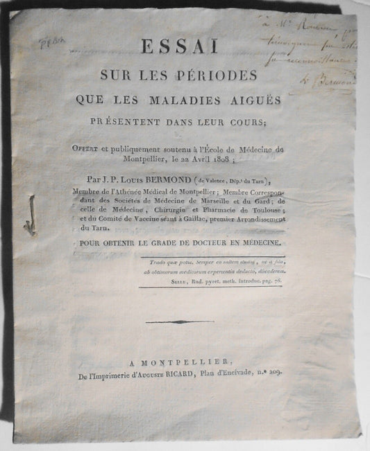 [SIGNED, Medicine] Essai sur les periodes que les maladies aigues 1808 - Bermond