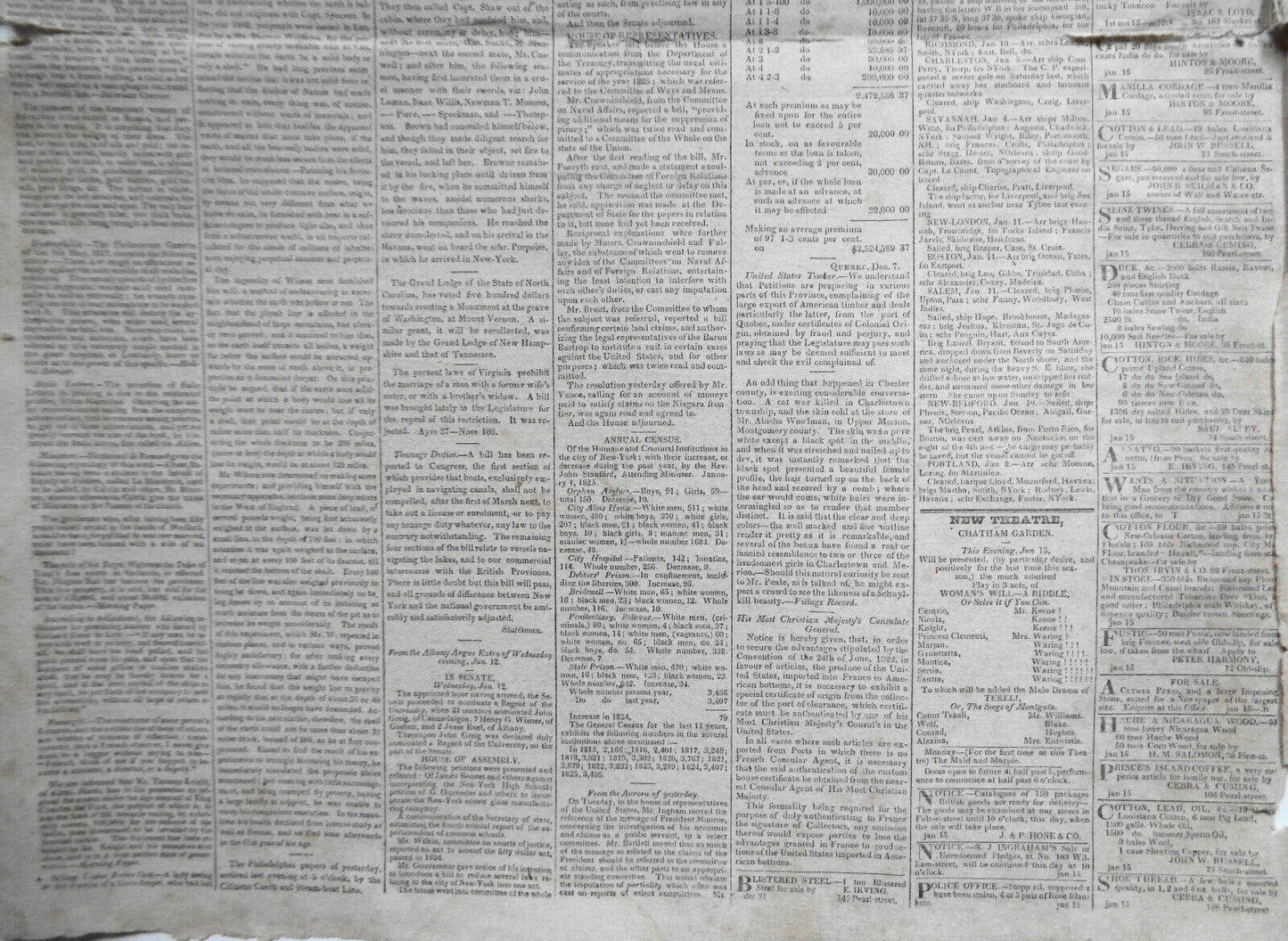 THE NATIONAL ADVOCATE, January 15, 1825 - NY Governor De Witt Clinton's copy