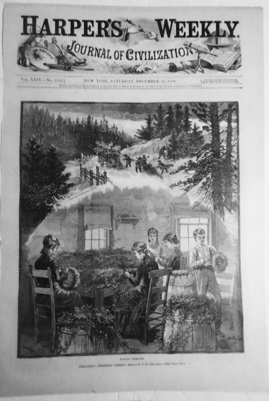 Preparing Christmas Greens. Making Wreaths, by Thulstrup.  1880 Original print