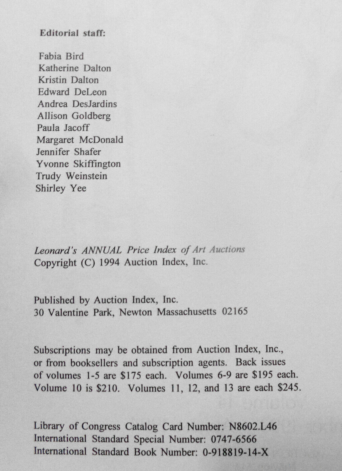 Leonard's Annual Price Index Of Art Auctions, 1995. Vol. 14 - Susan Theran, ed.