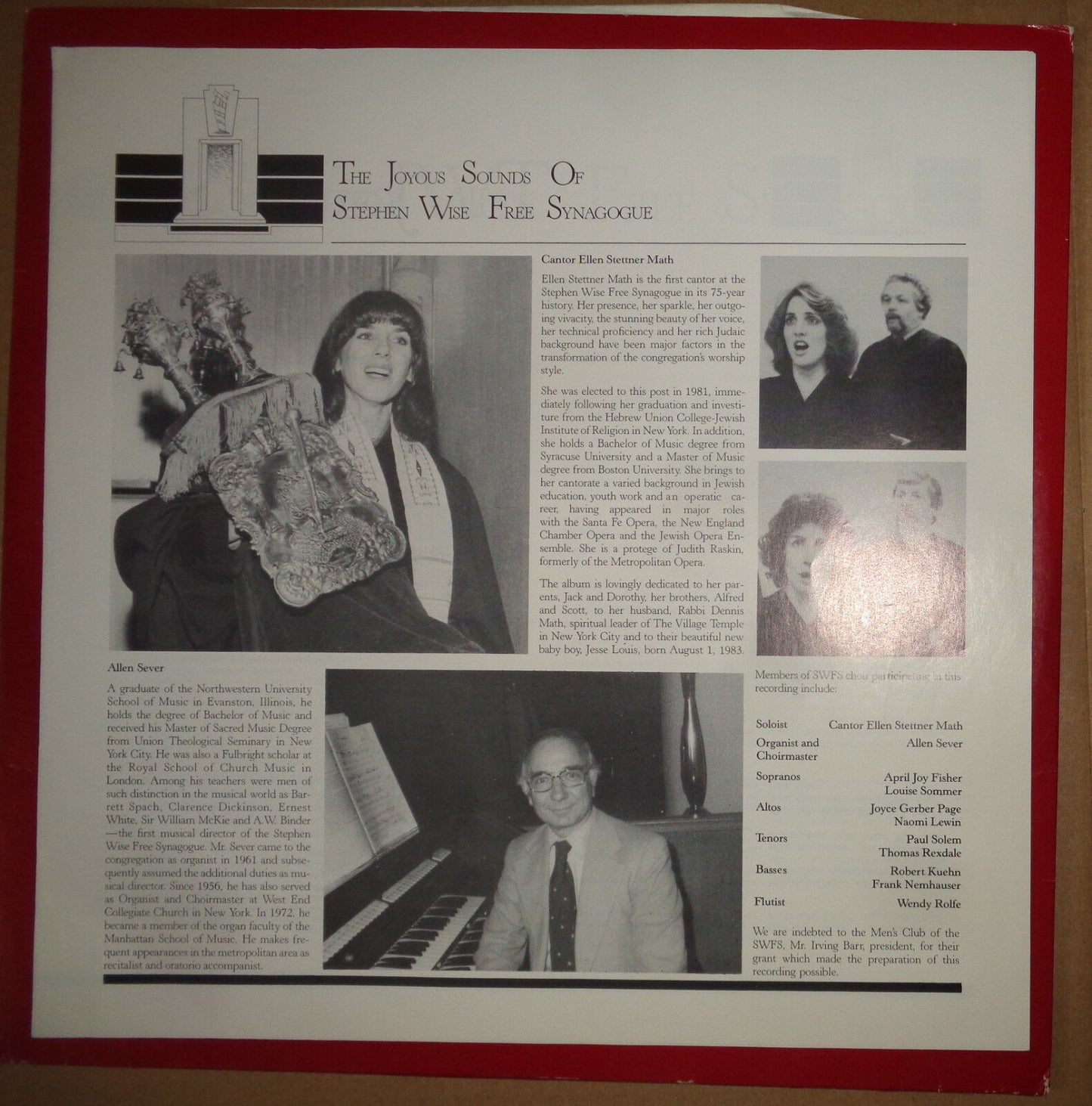 THE JOYOUS SOUNDS OF STEPHEN WISE FREE SYNAGOGUE [NYC] - vinyl LP.  1982