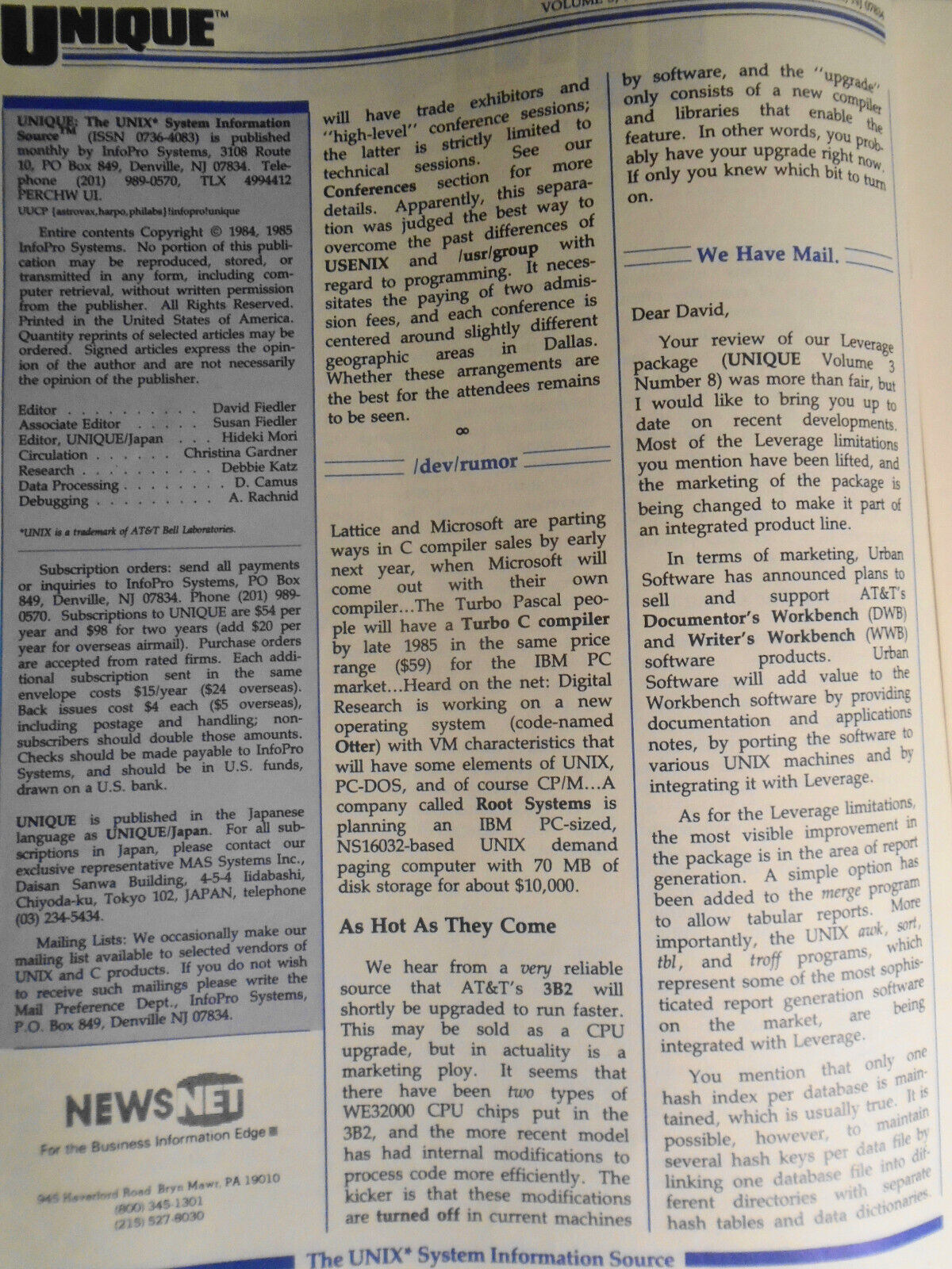 UNIQUE,  Vol. 3, No.  11, 1985 - The UNIX System Information Source