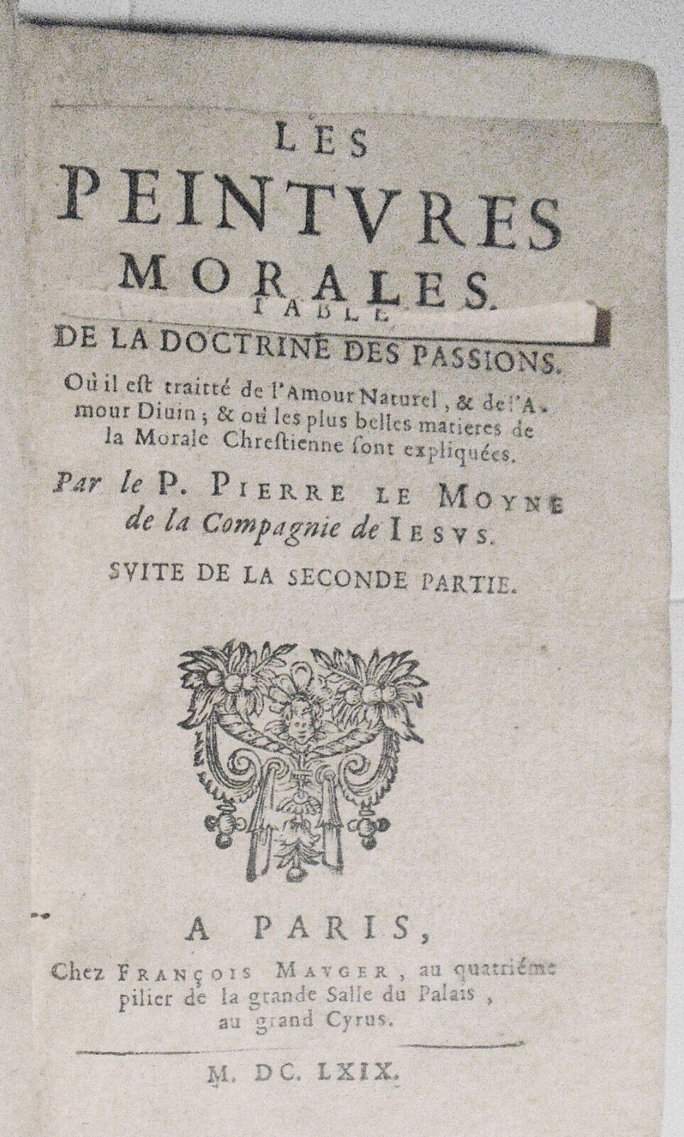 1669  book with vellum manuscript fragments bound in: Les Peintures Morales, v.2