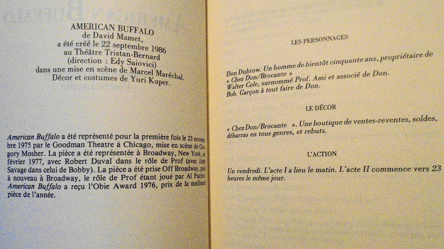 American Buffalo, by David Mamet  / Adaptation francaise de Pierre Laville 1986