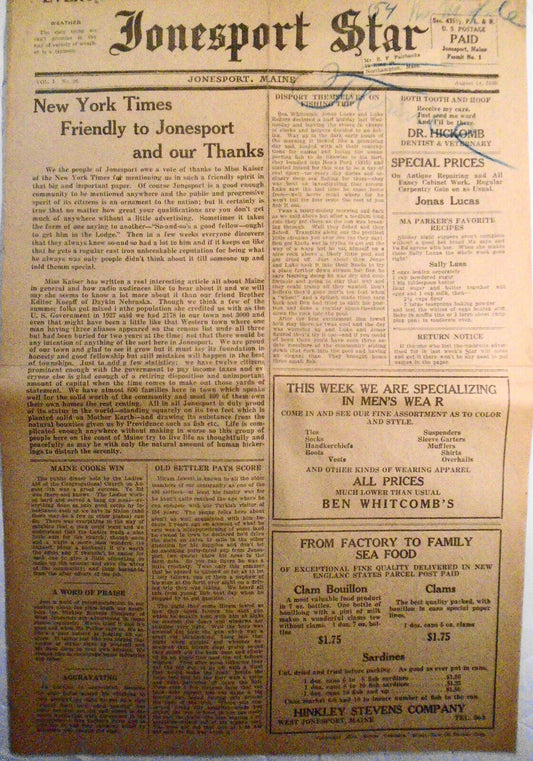 Jonesport Star, August 14, 1930 - New York Times friendly to Jonesport, etc