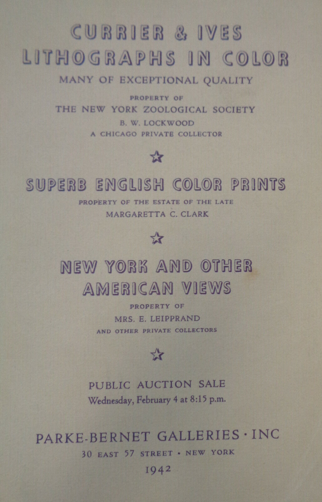 8 Parke-Bernet auction catalogs Lithographs etchings... Currier & Ives 1942-1969