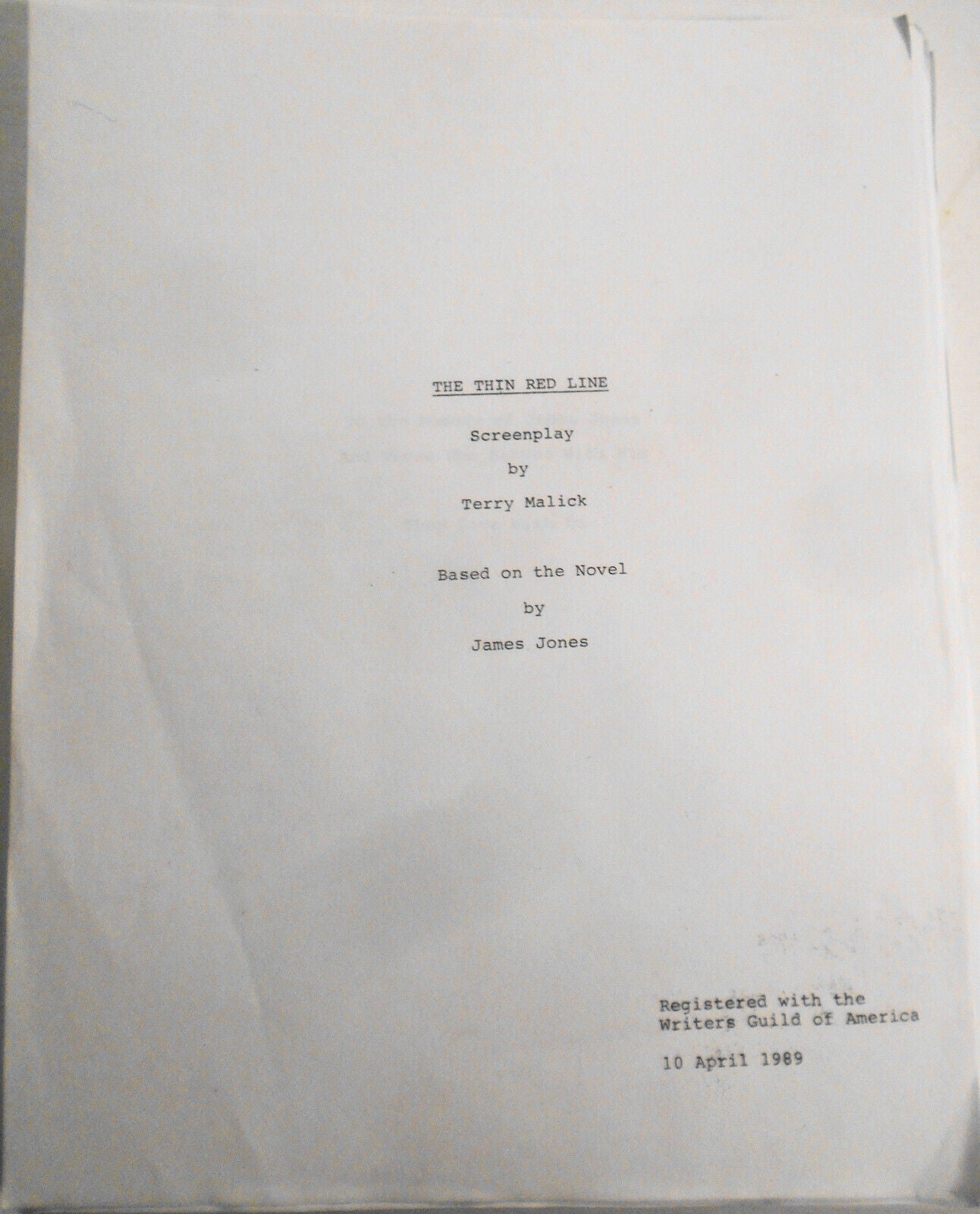 Terrence Malick - the Thin Red Line Screenplay - First Draft 1989. Very Rare