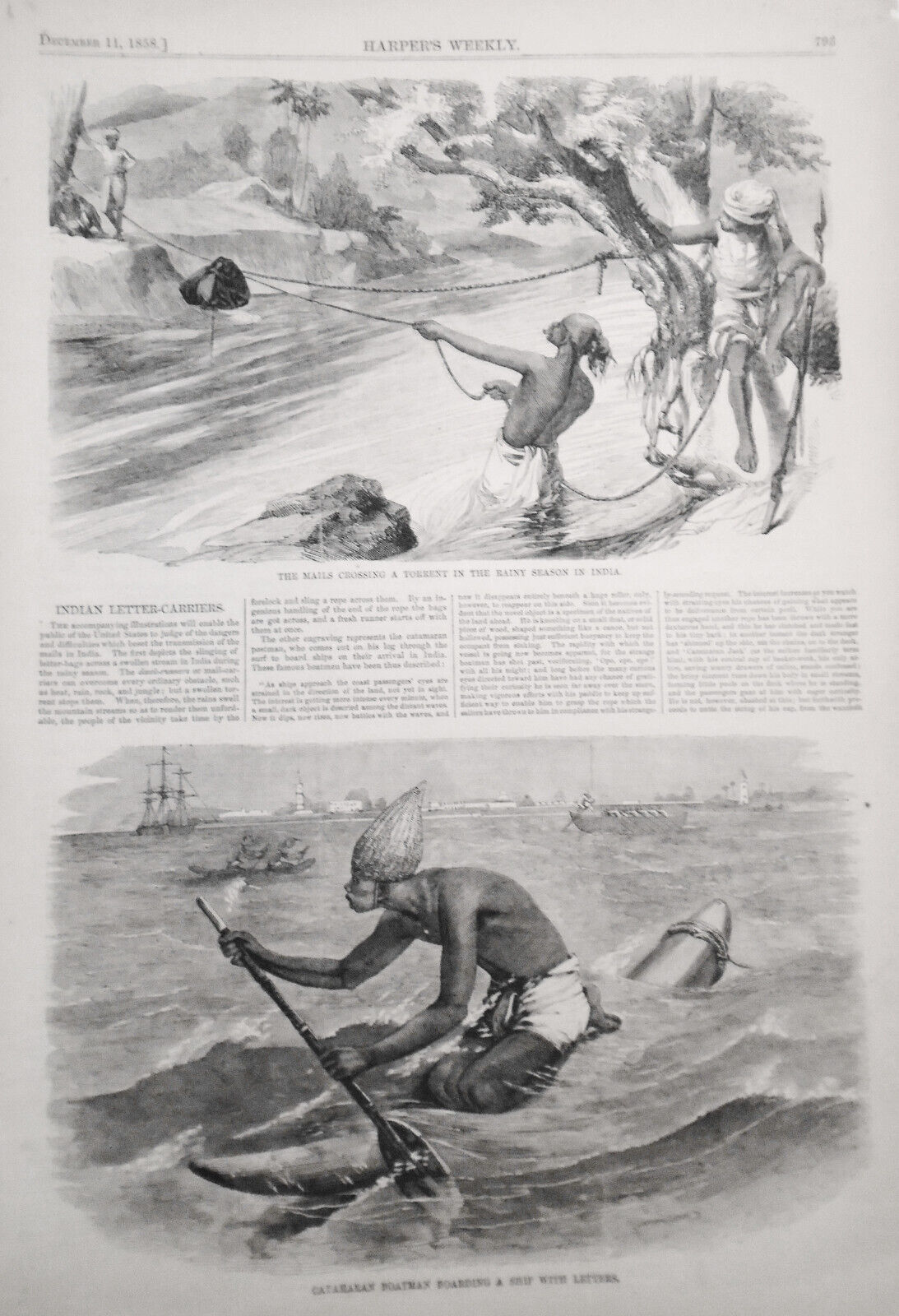 Letter carriers in India : Crossing a Torrent & Catamaran Boatman. 1858 2 prints