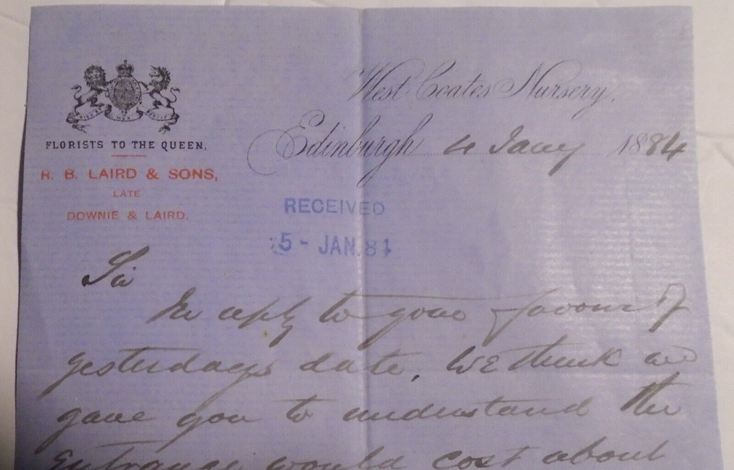 ALS, signed by R. B. Blaird, Florist to the Queen Victoria - 1884