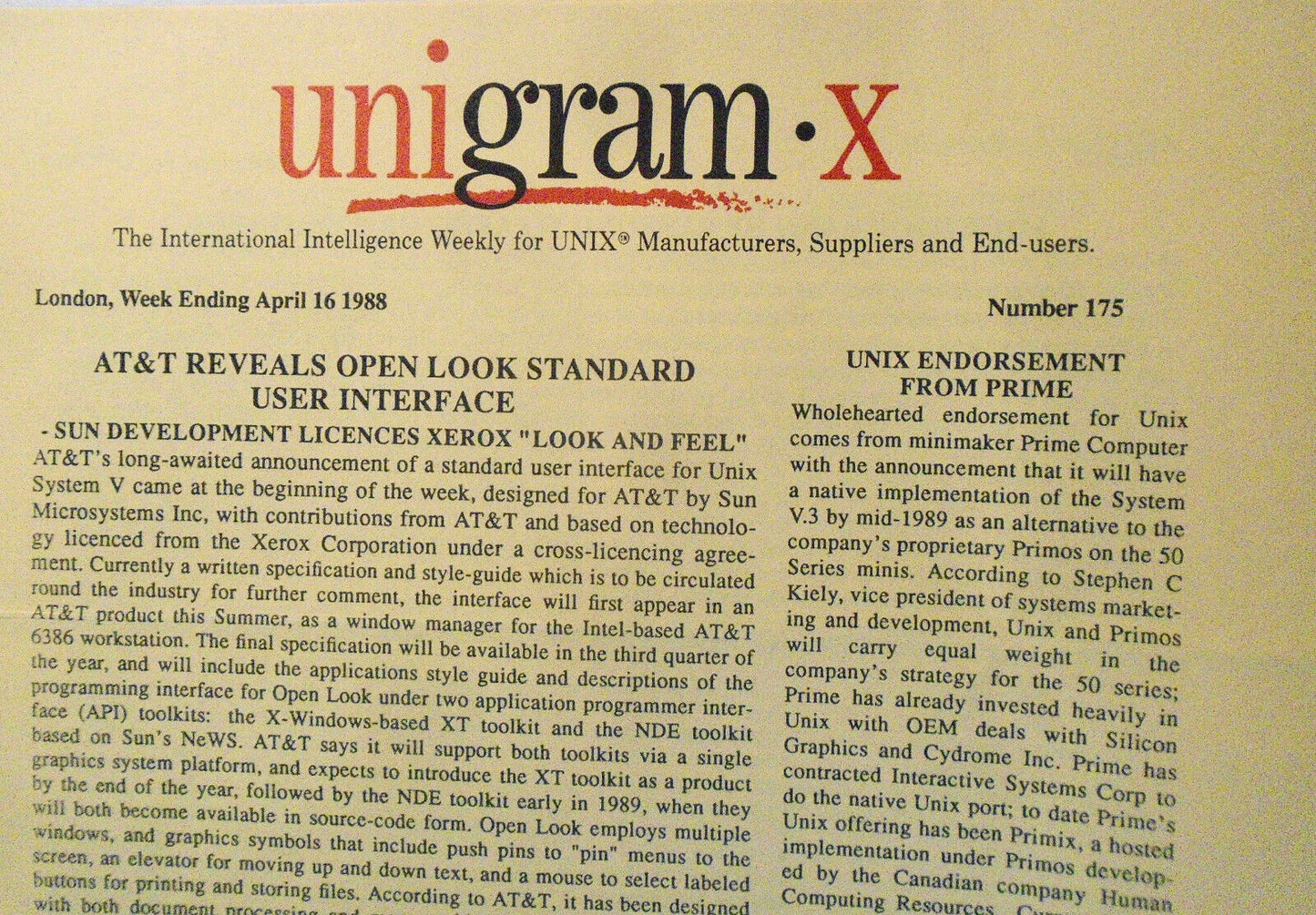 Unigram-X, #175 - April 16, 1988 - London weekly for UNIX manufacturers, et al