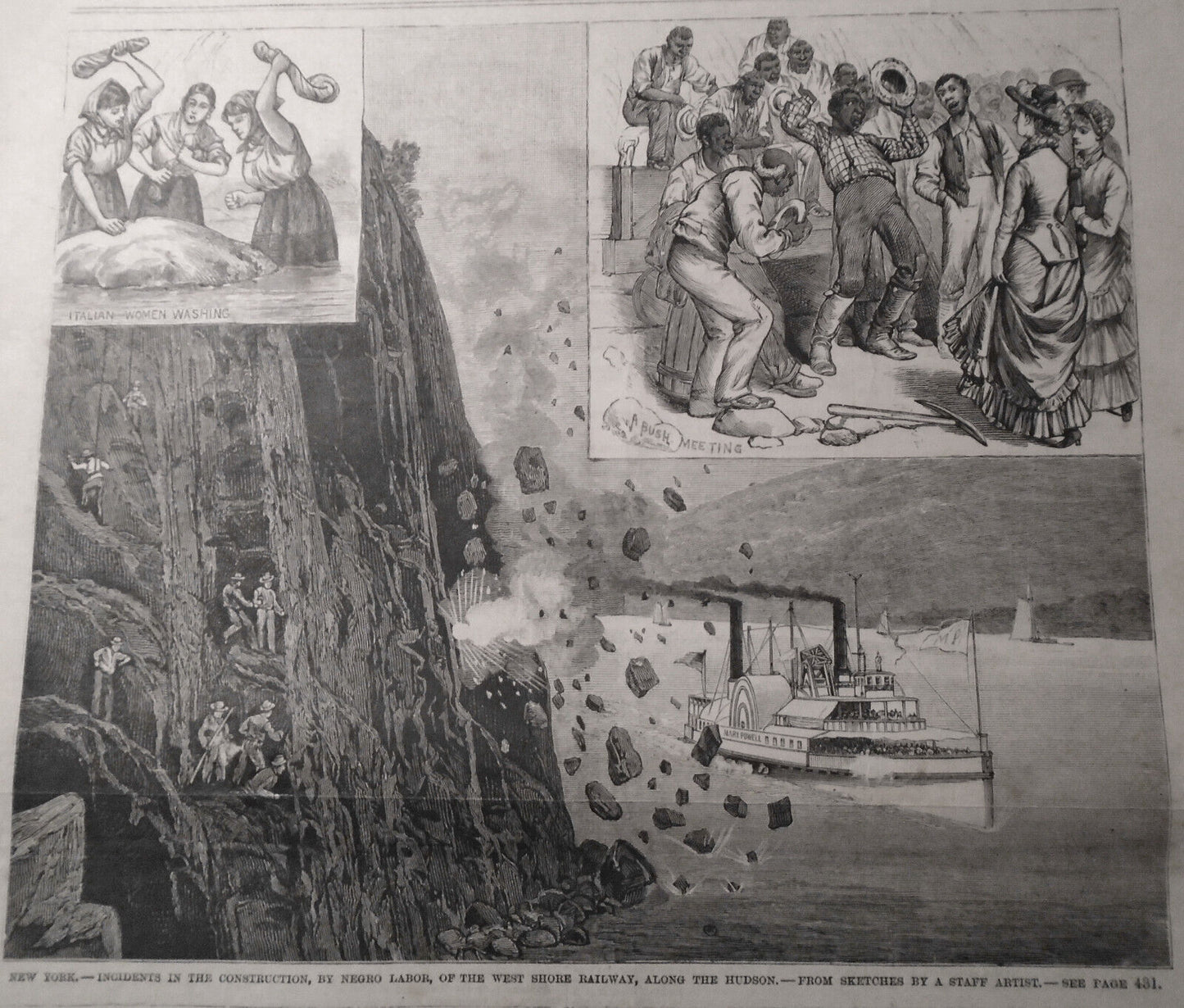 Construction By Negro Labor Of West Shore Railway; Monster Shark - Leslie's 1881