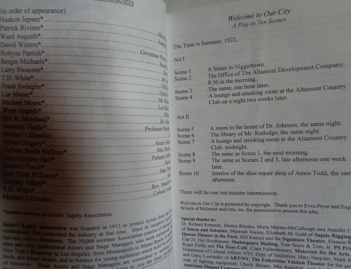 Welcome To Our City, by Thomas Wolfe - Souvenir Program - Mint Theater Co, 2000.