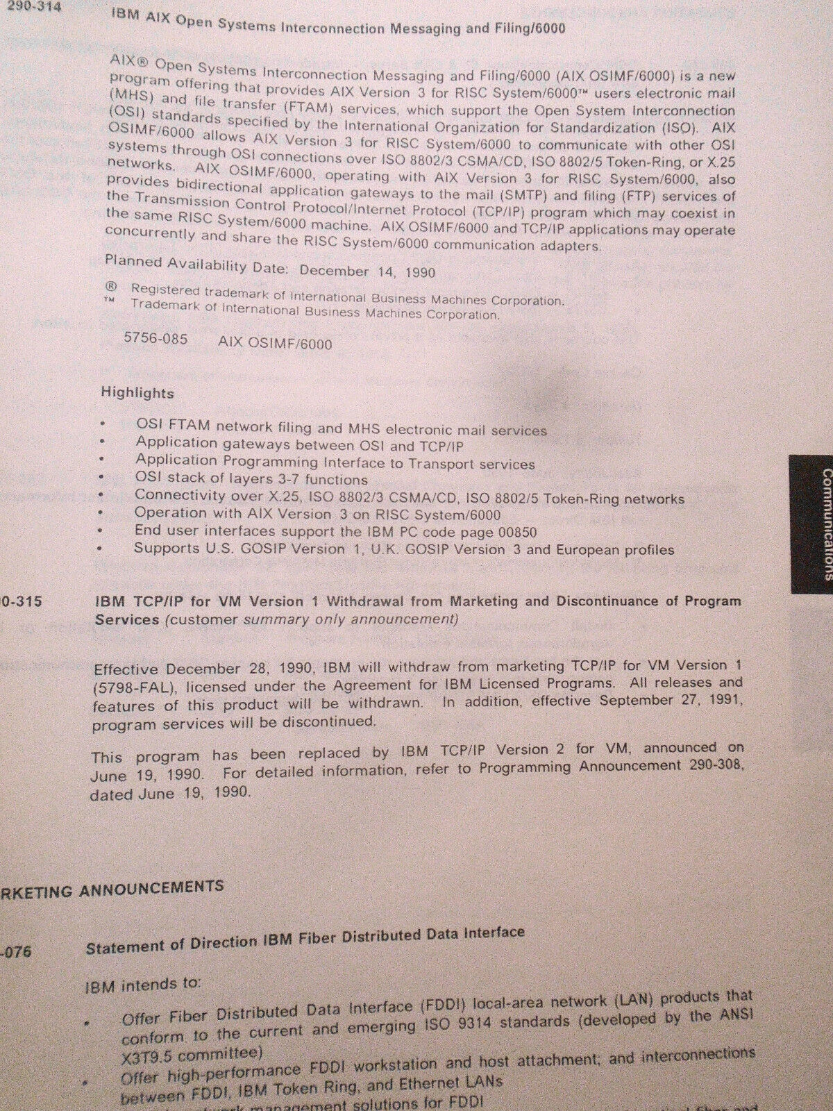 IBM Announcement Letter Summary, June 19, 1990 : System/370; AIX; Token-ring etc
