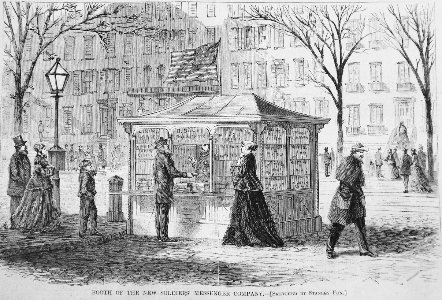 Booth of Soldiers' Messenger Co. / Pork vs. Milk / Horse Flesh & Trimmings. 1868