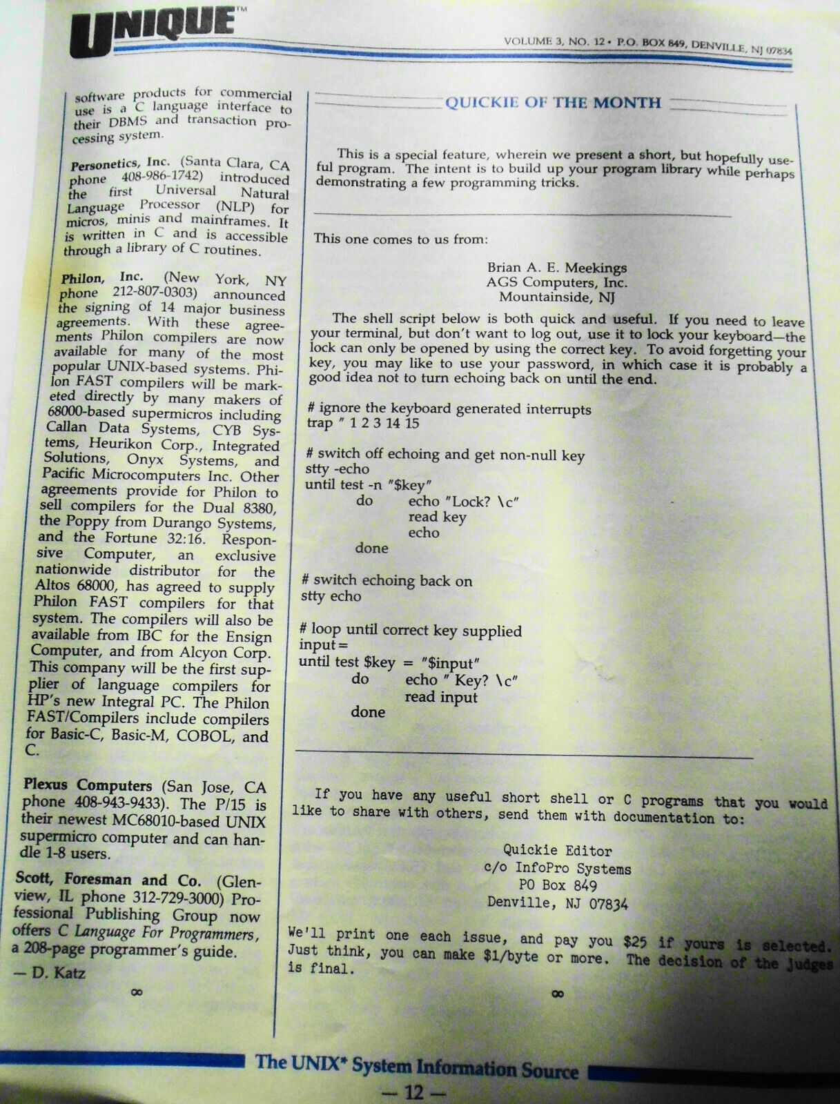 UNIQUE,  Vol. 3, No.  12, 1985 - The UNIX System Information Source