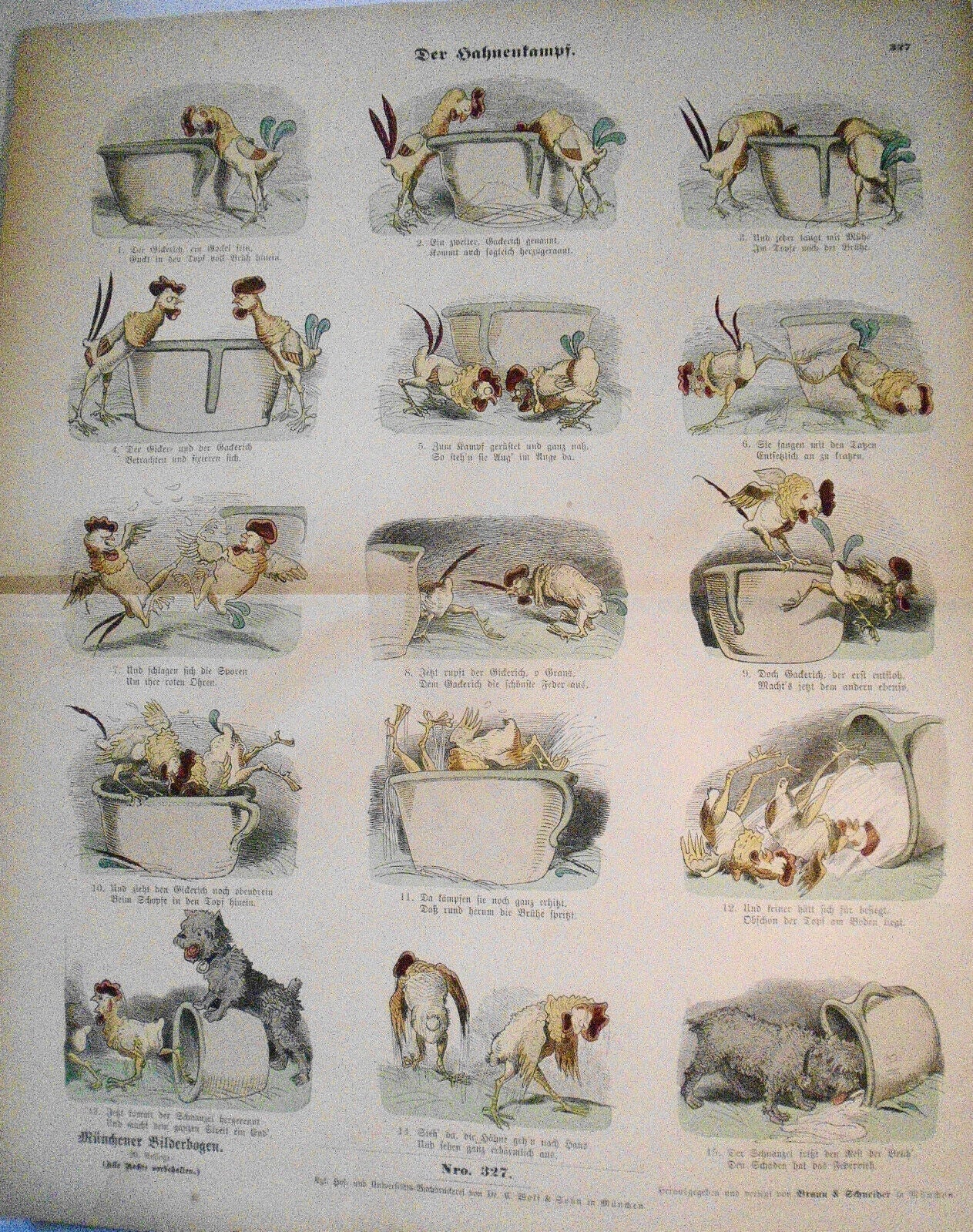 Der bahnenkampf - Münchener Bilderbogen, No.  327. By Wilhelm Busch.  1890