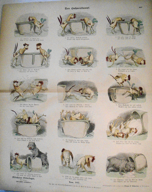 Der bahnenkampf - Münchener Bilderbogen, No.  327. By Wilhelm Busch.  1890