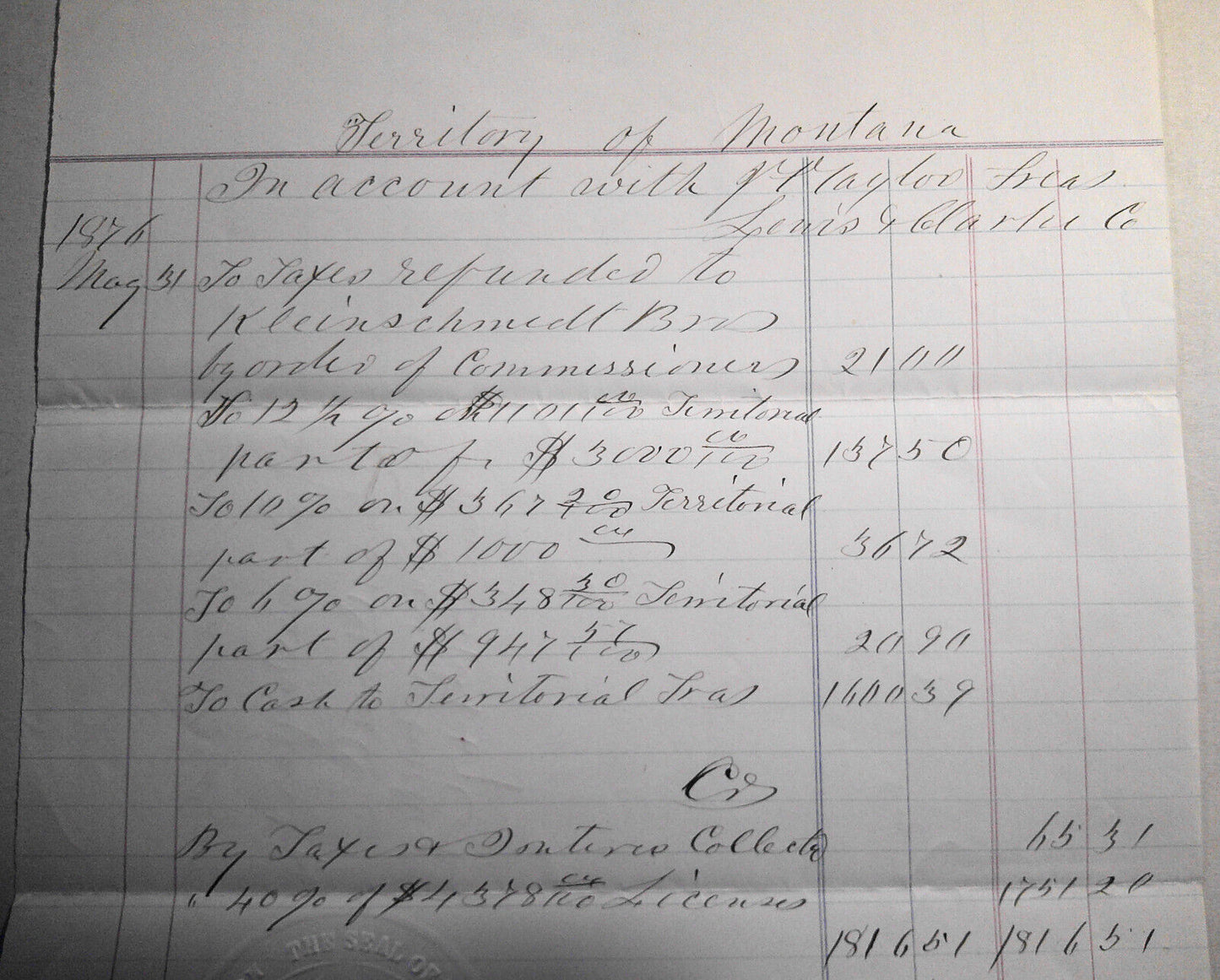 1876 Report to Territorial Treasurer, Lewis and Clarke County Montana, with seal