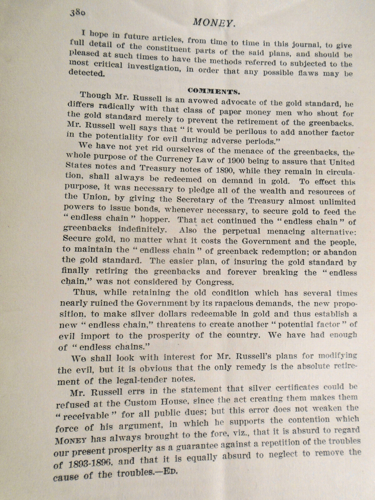 Money Magazine, June 1901. Greenbacks and Sub-Treasury vs. the Central Bank, etc