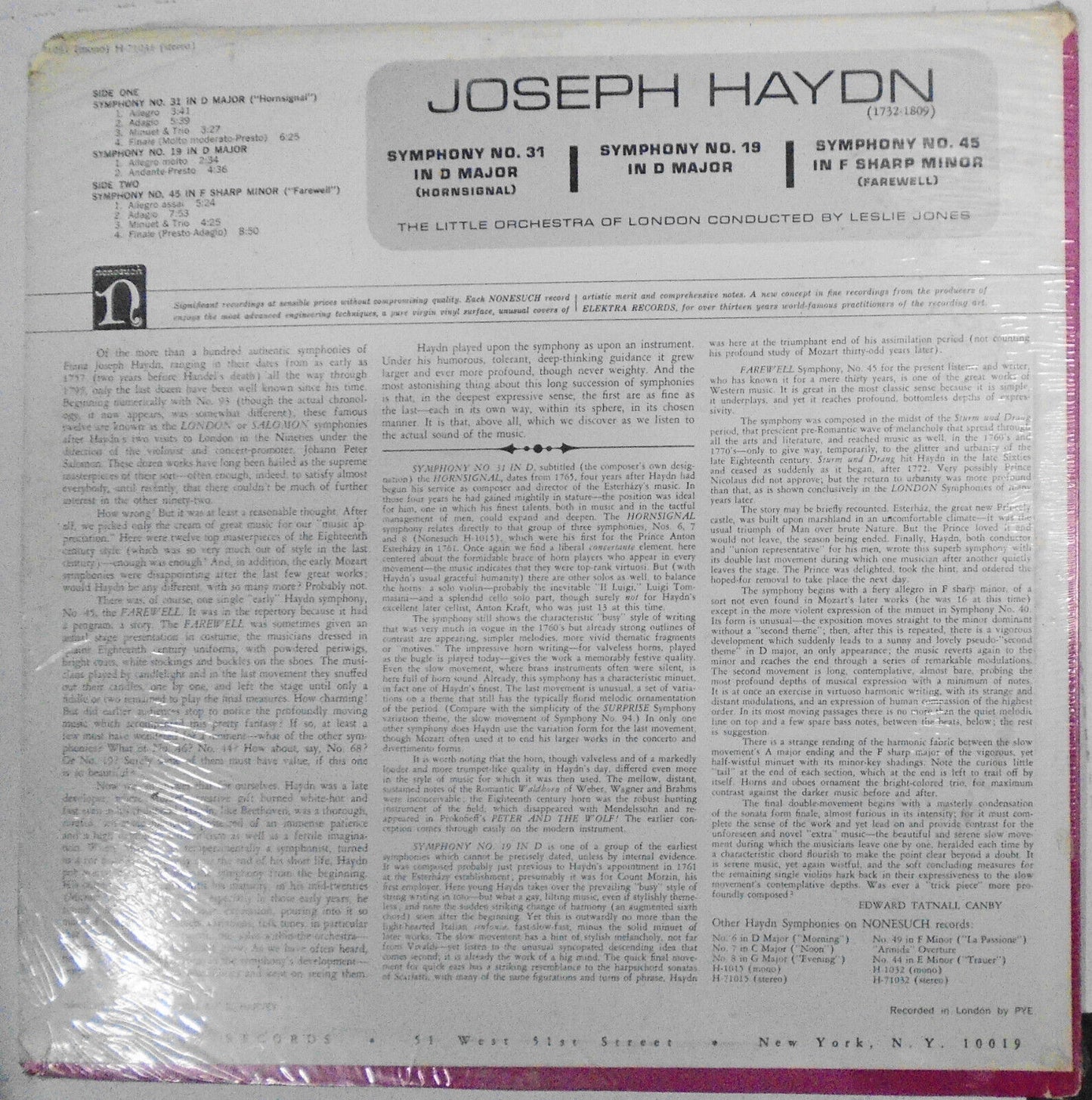 Joseph Haydn Symphony No 31 & 19 D Major & 45 In F Sharp Nonesuch H-71031 Sealed