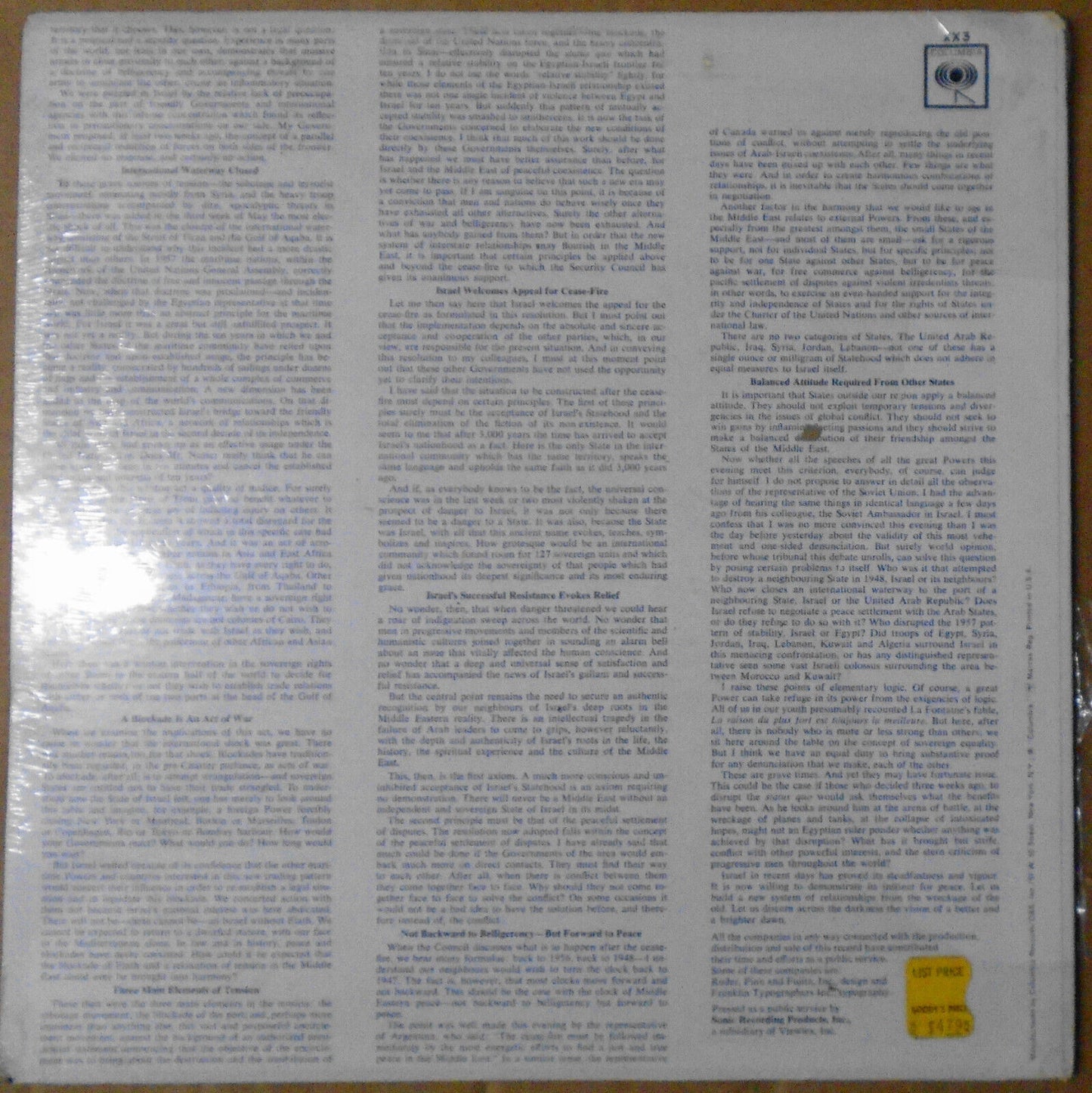 Israel's Finest Hour, by Abba Eba - LP -  *** SEALED*** UN Address, June 6, 1967