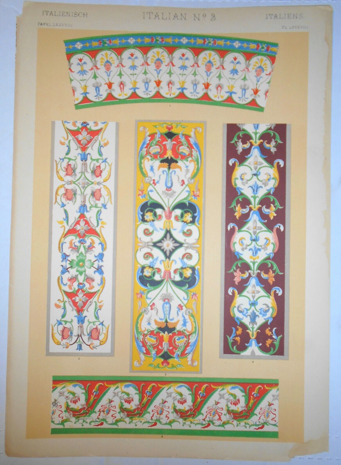 1868 ITALIAN No. 3 by Owen Jones - Color Lithograph from The Grammar of Ornament